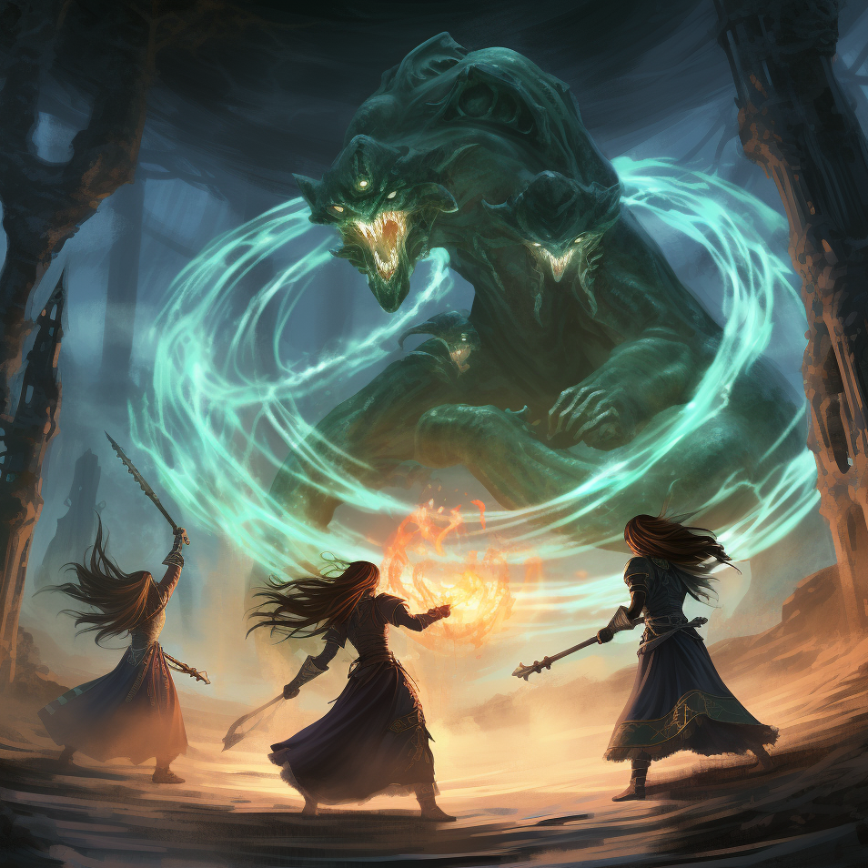 Three of the Witches Of The Mountain™  facing off against the Leviathan Beast using all the powers of their elemental rings and magical staffs.